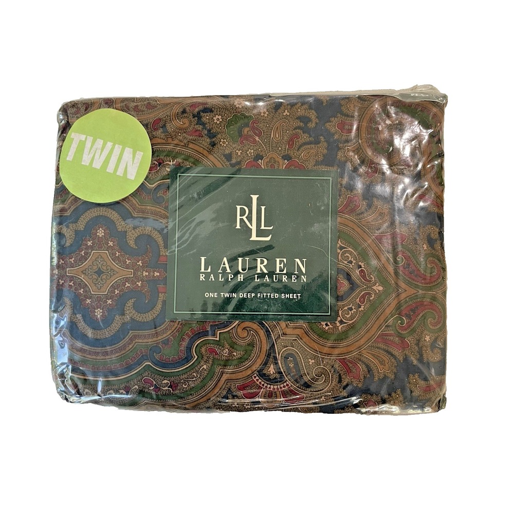 New Vtg Ralph Lauren Brianna Paisley Blue Green TWIN Deep Fitted Sheet NIP‎